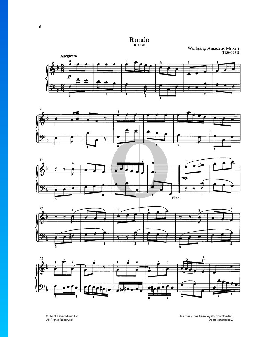 Rondo in F Major, K. 15hh (Wolfgang Amadeus Mozart) Piano Sheet Music ...