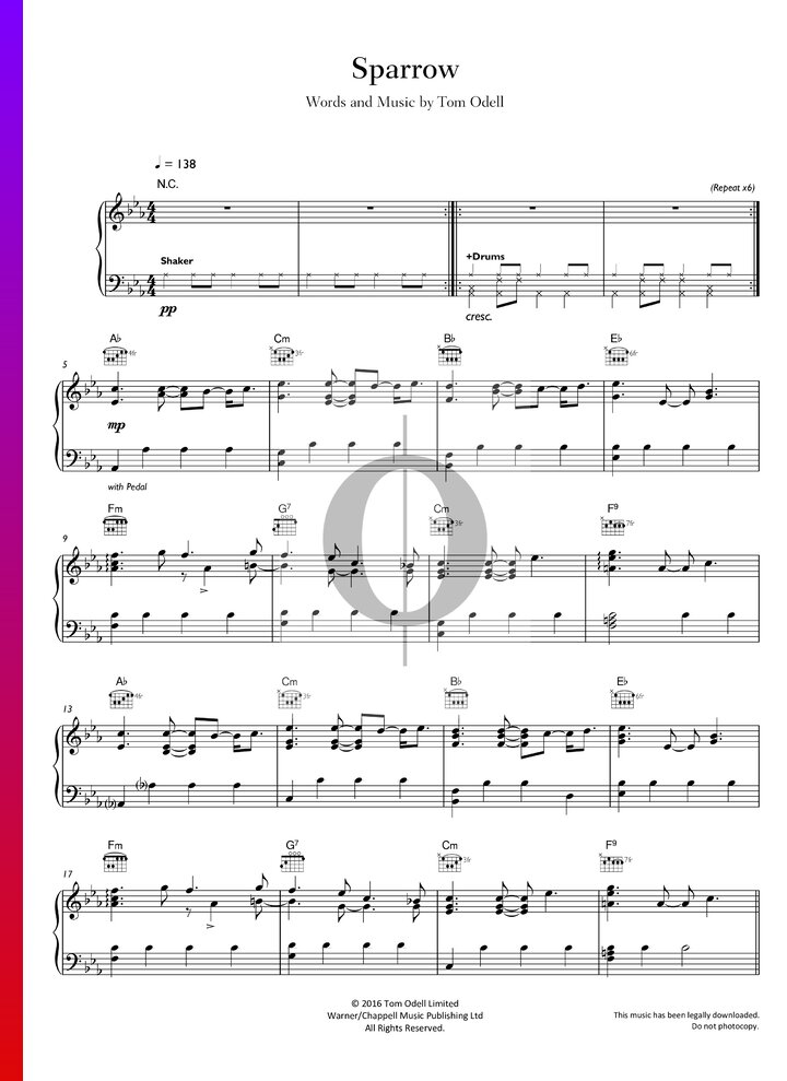 Sparrow Tom Odell Piano Sheet Music Oktav 6392