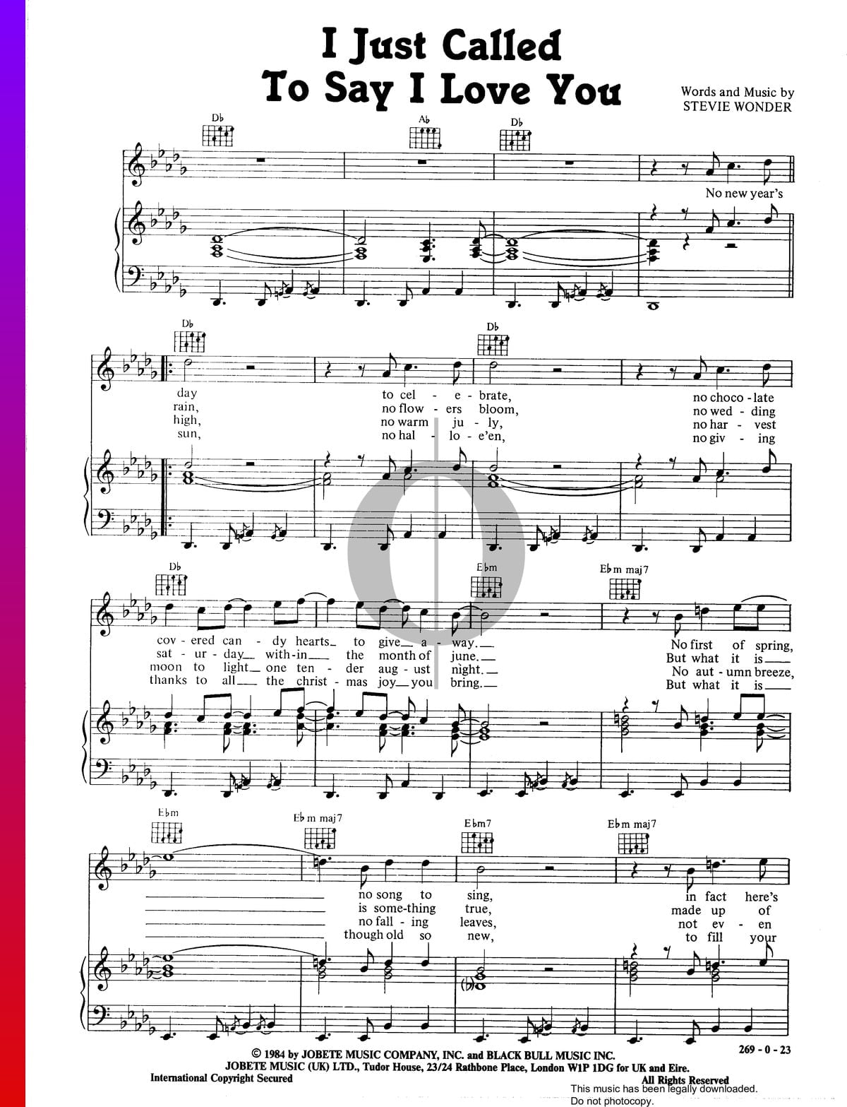 I Just Called To Say I Love You Sheet Music Piano Voice Guitar Pdf Download Streaming Oktav