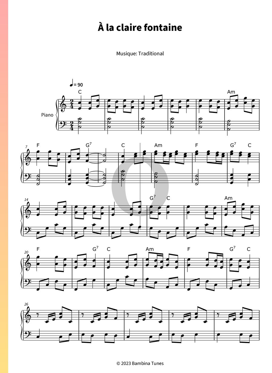 À la claire fontaine (Anonymous) Piano Sheet Music - OKTAV