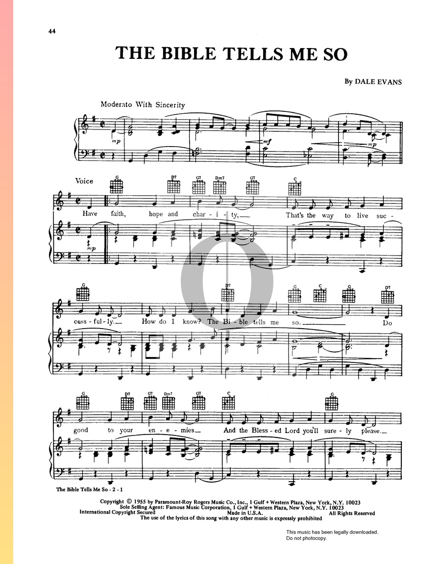 The Bible Tells Me So Dale Evans Piano Sheet Music Oktav 4166