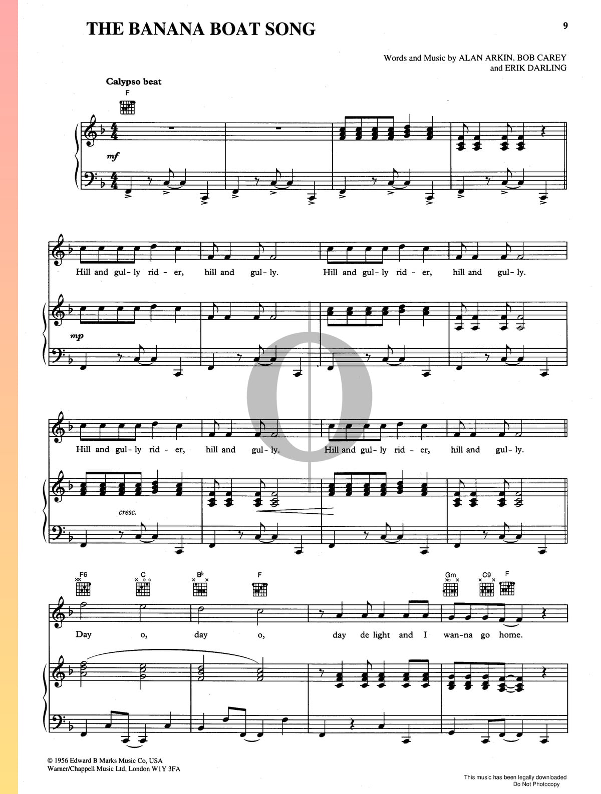 banana boat song sheet music piano, voice, guitar - pdf