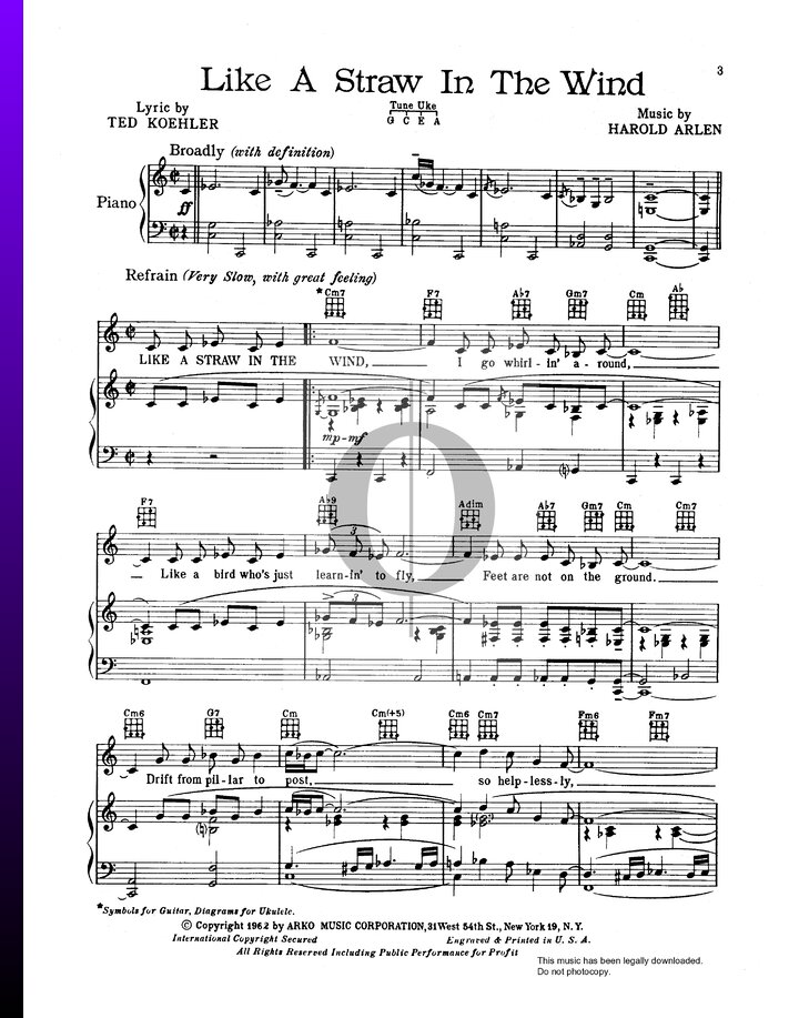 Like A Straw In The Wind (Harold Arlen) Piano Sheet Music OKTAV