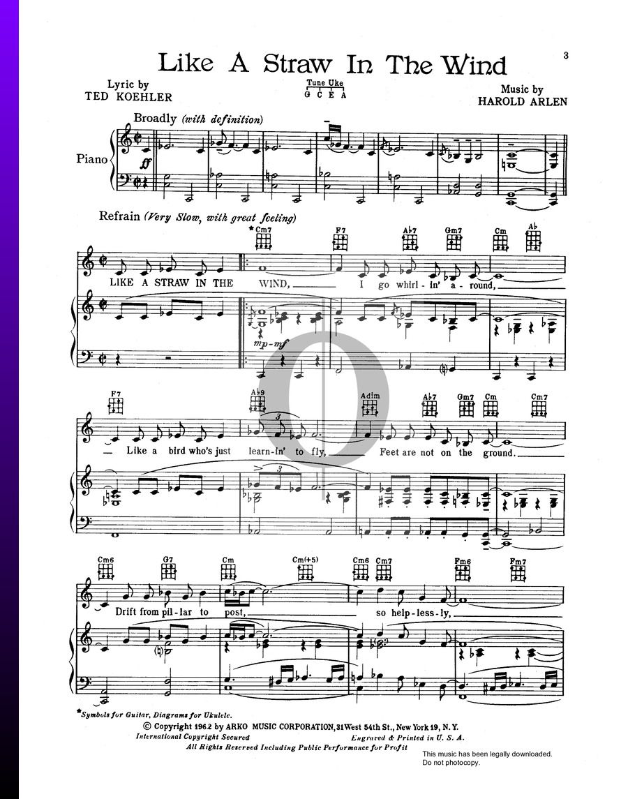 Like A Straw In The Wind (Harold Arlen) Piano Sheet Music OKTAV
