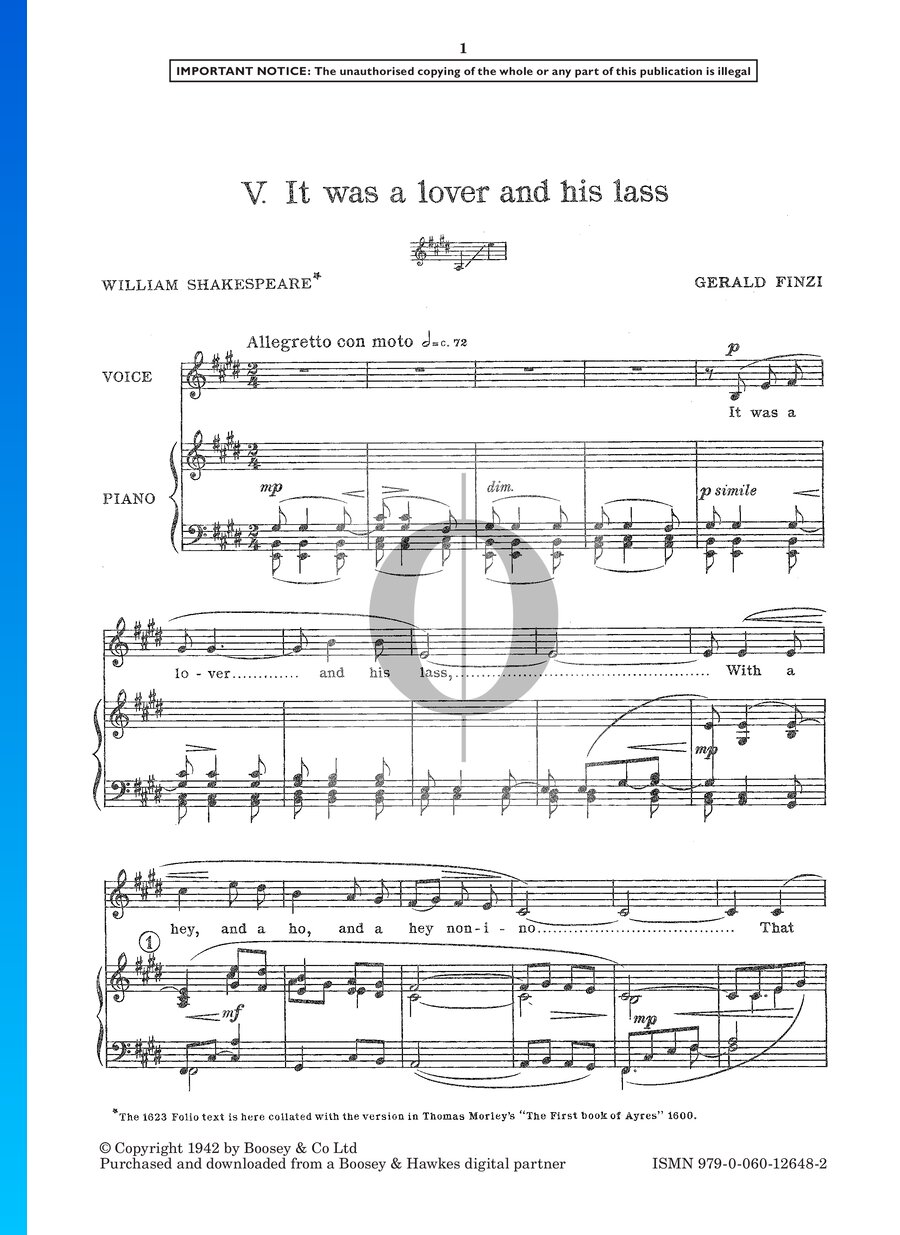It Was A Lover And His Lass Sheet Music Piano Voice Oktav