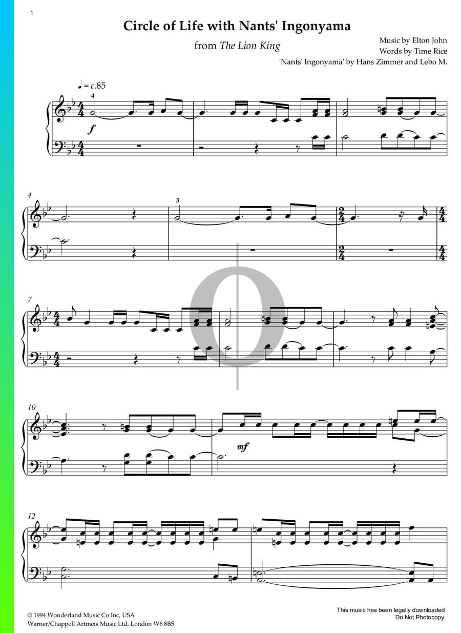 Partition L'Histoire de la vie » extrait de Le Roi Lion Elton John OKTAV