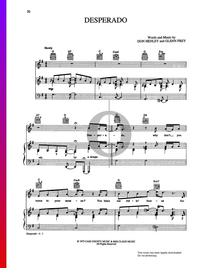 Desperado (Eagles) Piano Sheet Music - OKTAV