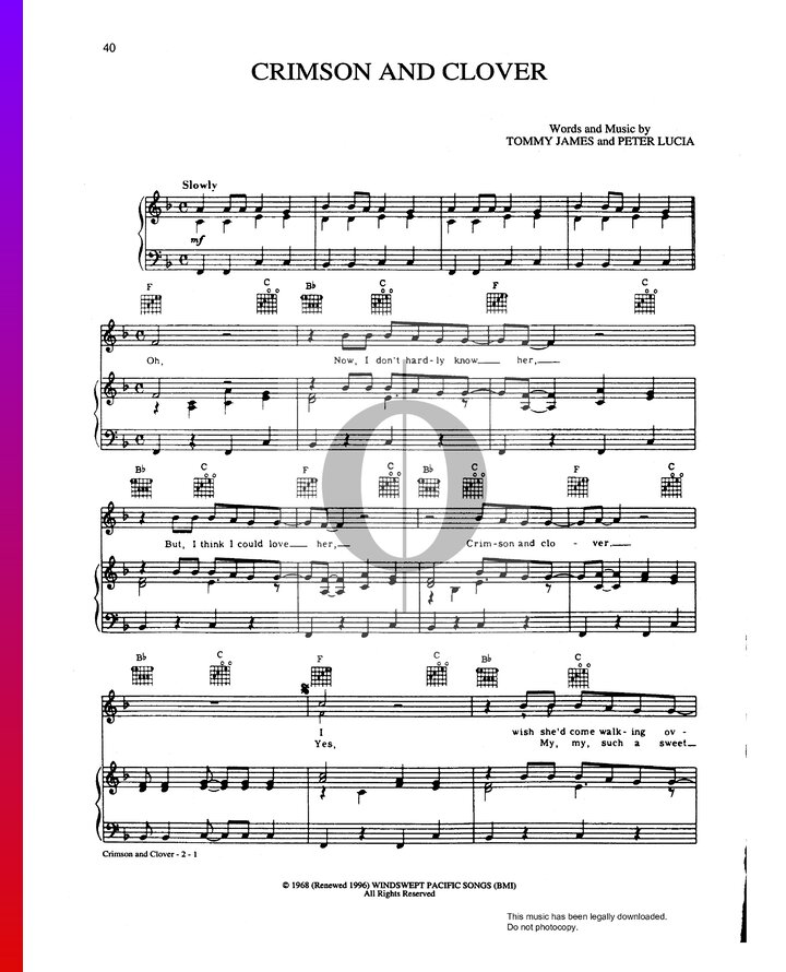Crimson And Clover (Tommy James and the Shondells) Piano Sheet Music ...
