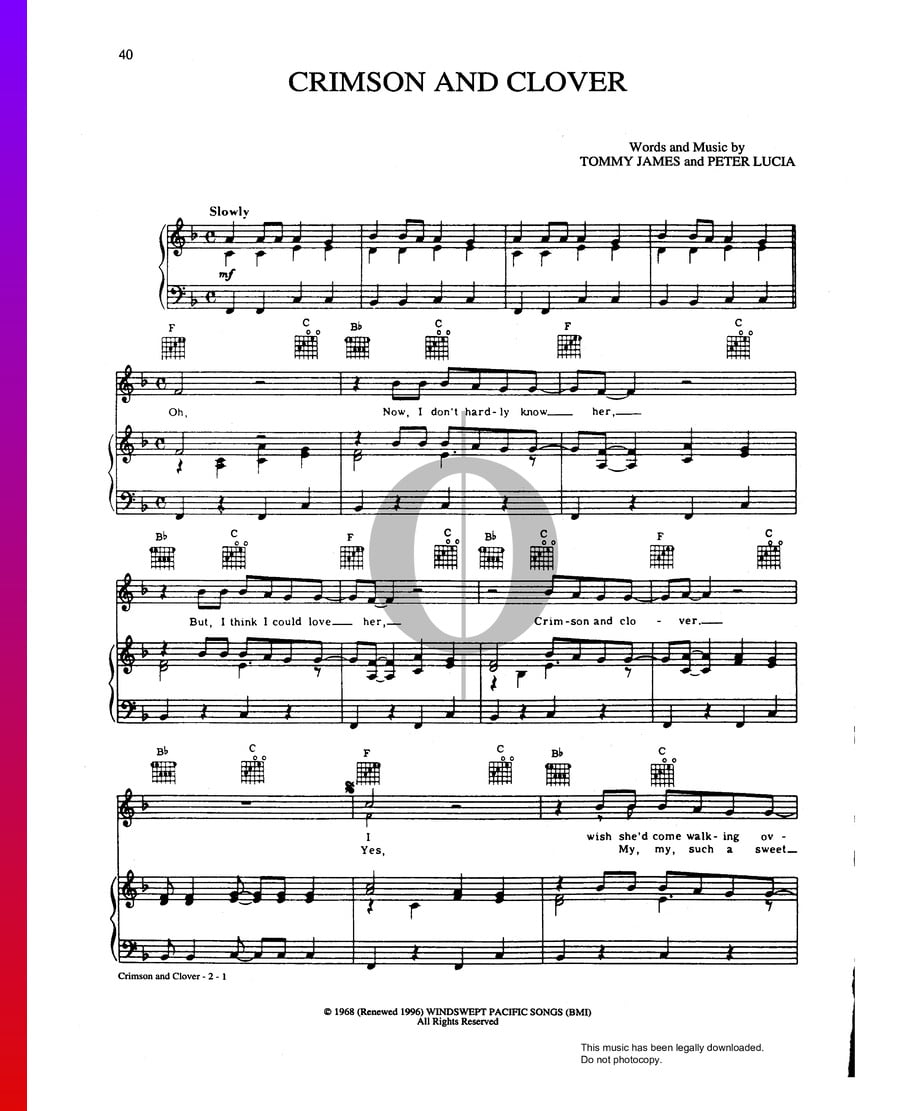 Crimson And Clover (Tommy James and the Shondells) Piano Sheet Music ...