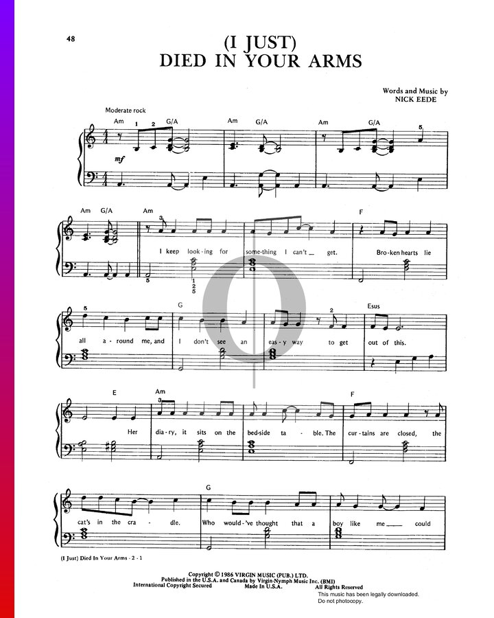 I Just Died In Your Arms Cutting Crew Piano Sheet Music Oktav 