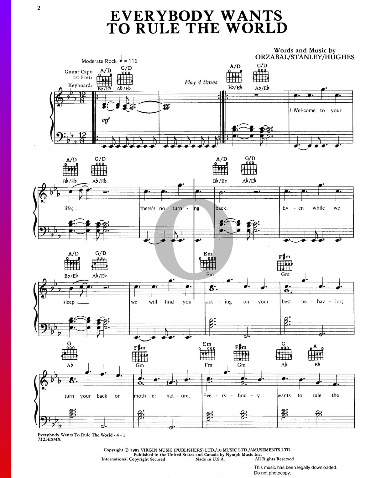 Everybody Wants To Rule The World Sheet Music (Piano, Guitar, Voice