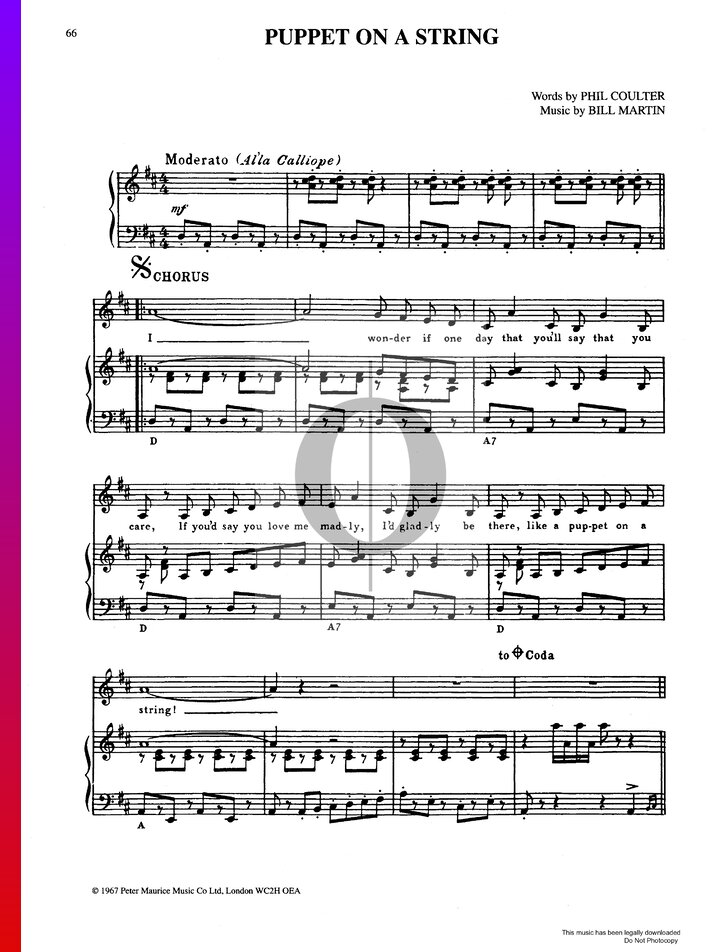 Puppet On A String (Sandie Shaw) Piano Sheet Music OKTAV