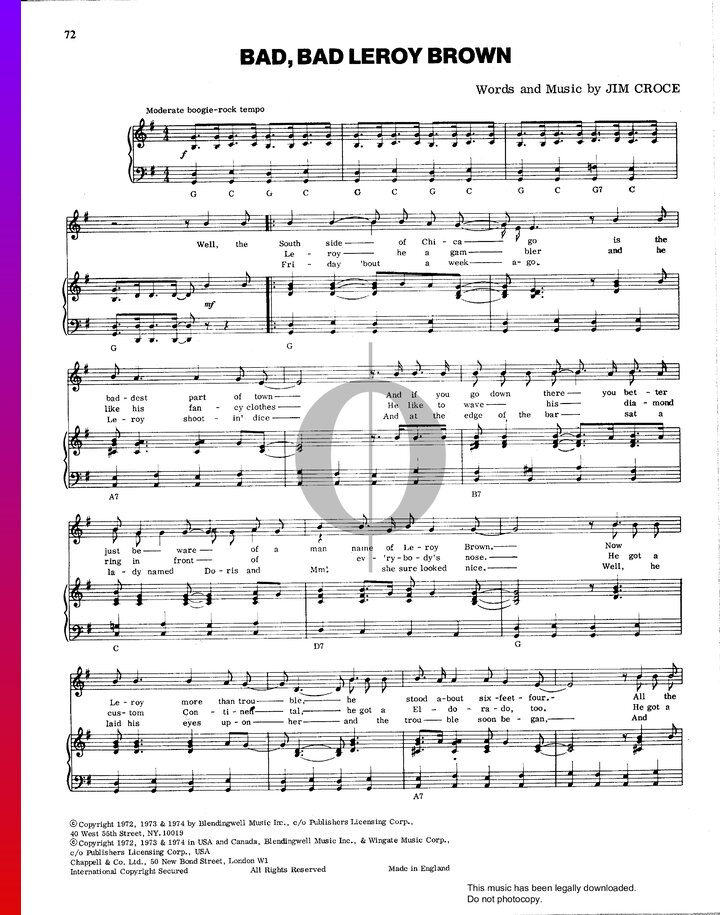 Bad, Bad Leroy Brown (Jim Croce) Piano Sheet Music - OKTAV