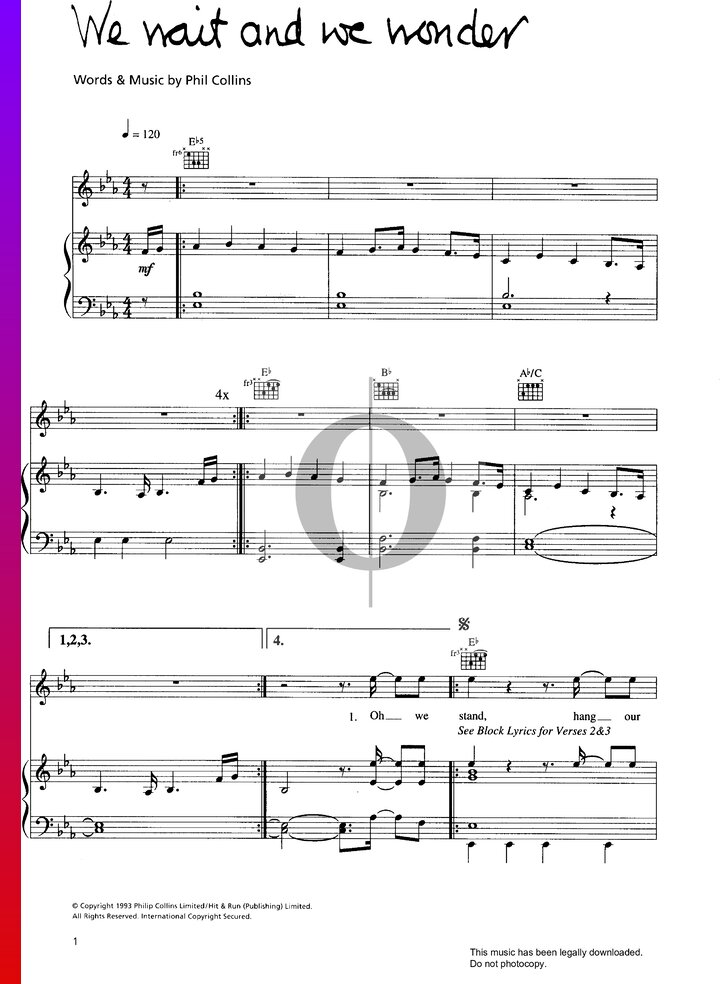 We Wait And We Wonder (Phil Collins) Piano Sheet Music - OKTAV