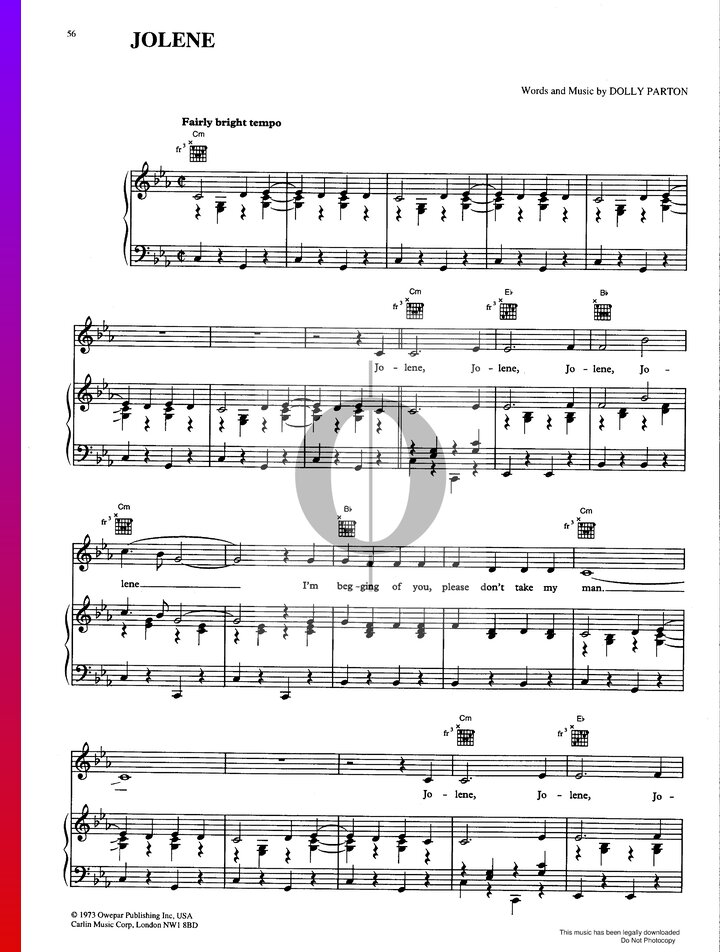 Jolene (Dolly Parton) Piano Sheet Music - OKTAV