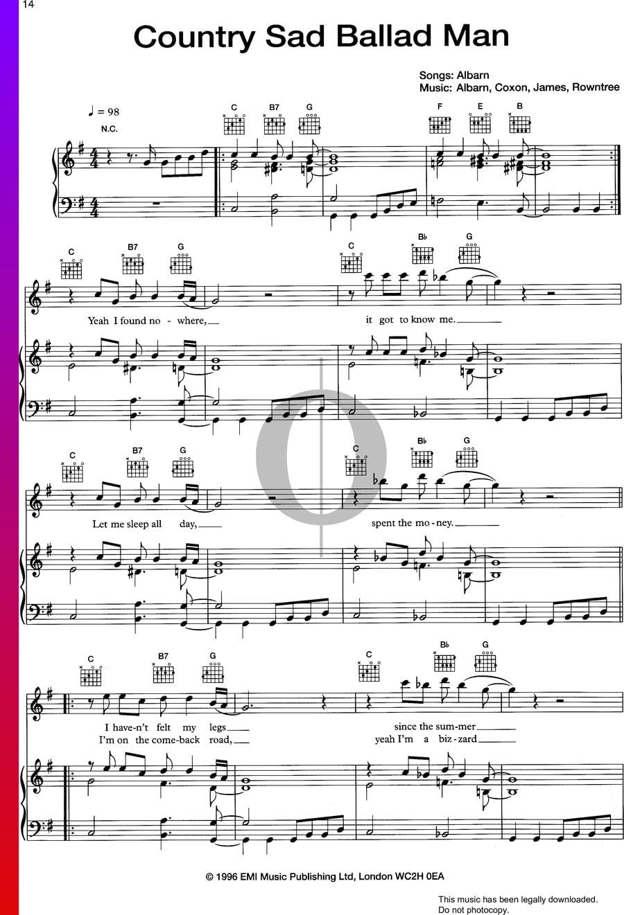 Country Sad Ballad Man (Blur) Piano Sheet Music - OKTAV