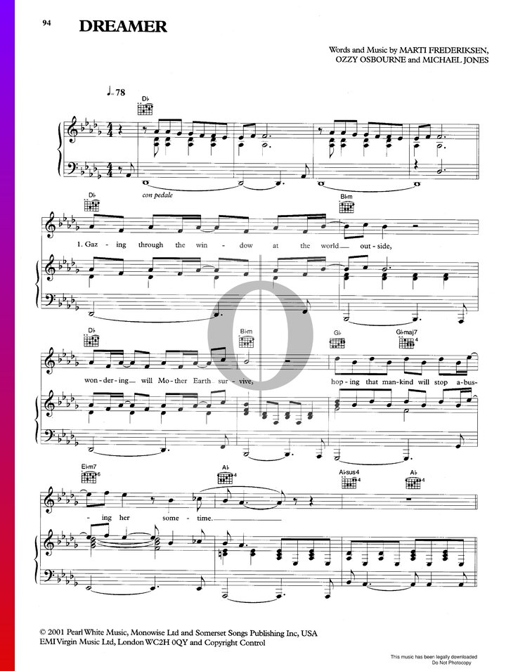 ozzy osbourne dreamer piano sheet music