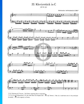 Pieza para piano en do mayor, KV 9a (5a) Partitura