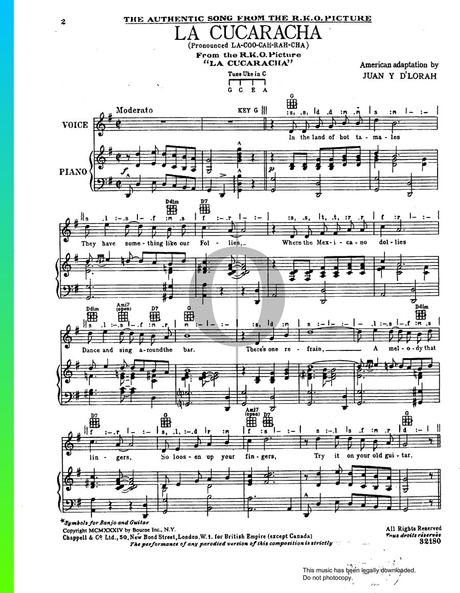 La Cucaracha Piano Sheet Music from La Cucaracha by Juan Y D'Lorah OKTAV