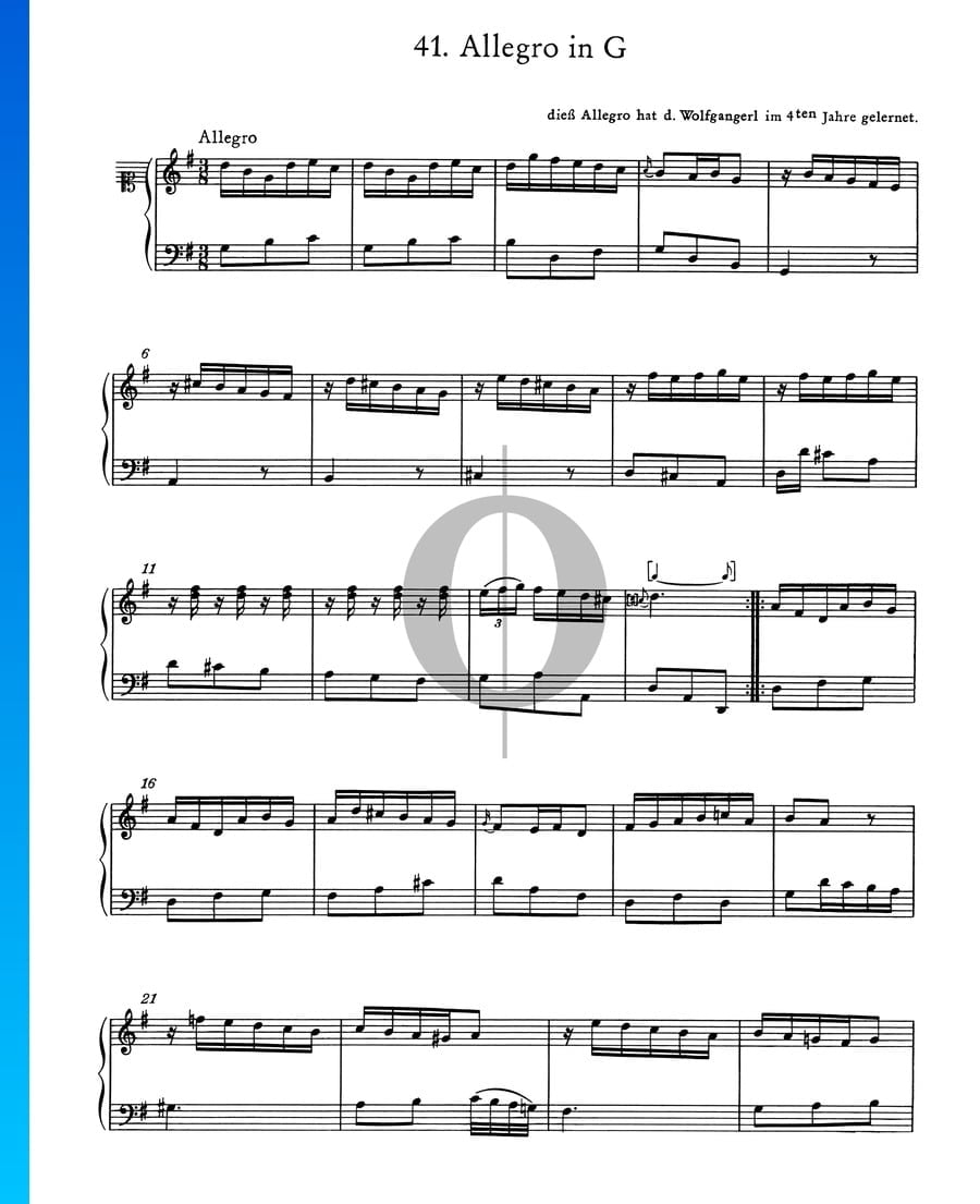 Allegro In G Major, No. 41 (leopold Mozart) Piano Sheet Music - Oktav