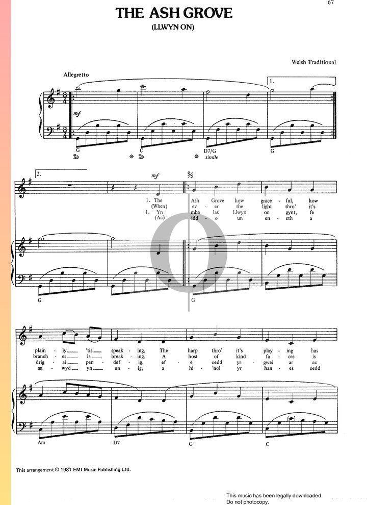 The Ash Grove (Llwyn On) (Anonymous) Piano Sheet Music OKTAV