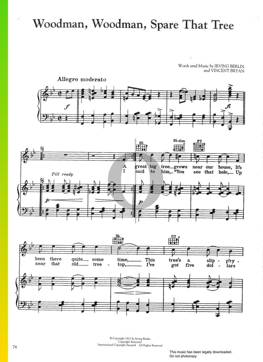 Woodman, Woodman, Spare That Tree (Irving Berlin) Piano Sheet Music OKTAV