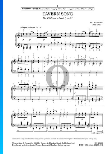 Für Kinder, Sz. 42 Vol. 1: Nr. 21 Tavernenlied Musik-Noten