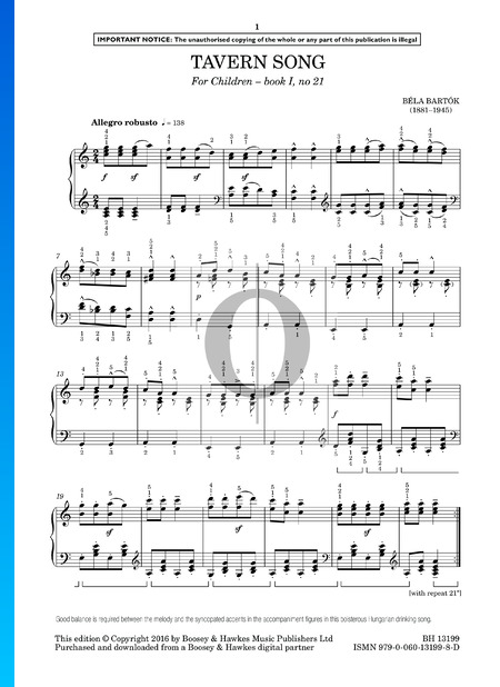 For Children, Sz. 42 Vol. 1: No. 21 Tavern Song Sheet Music