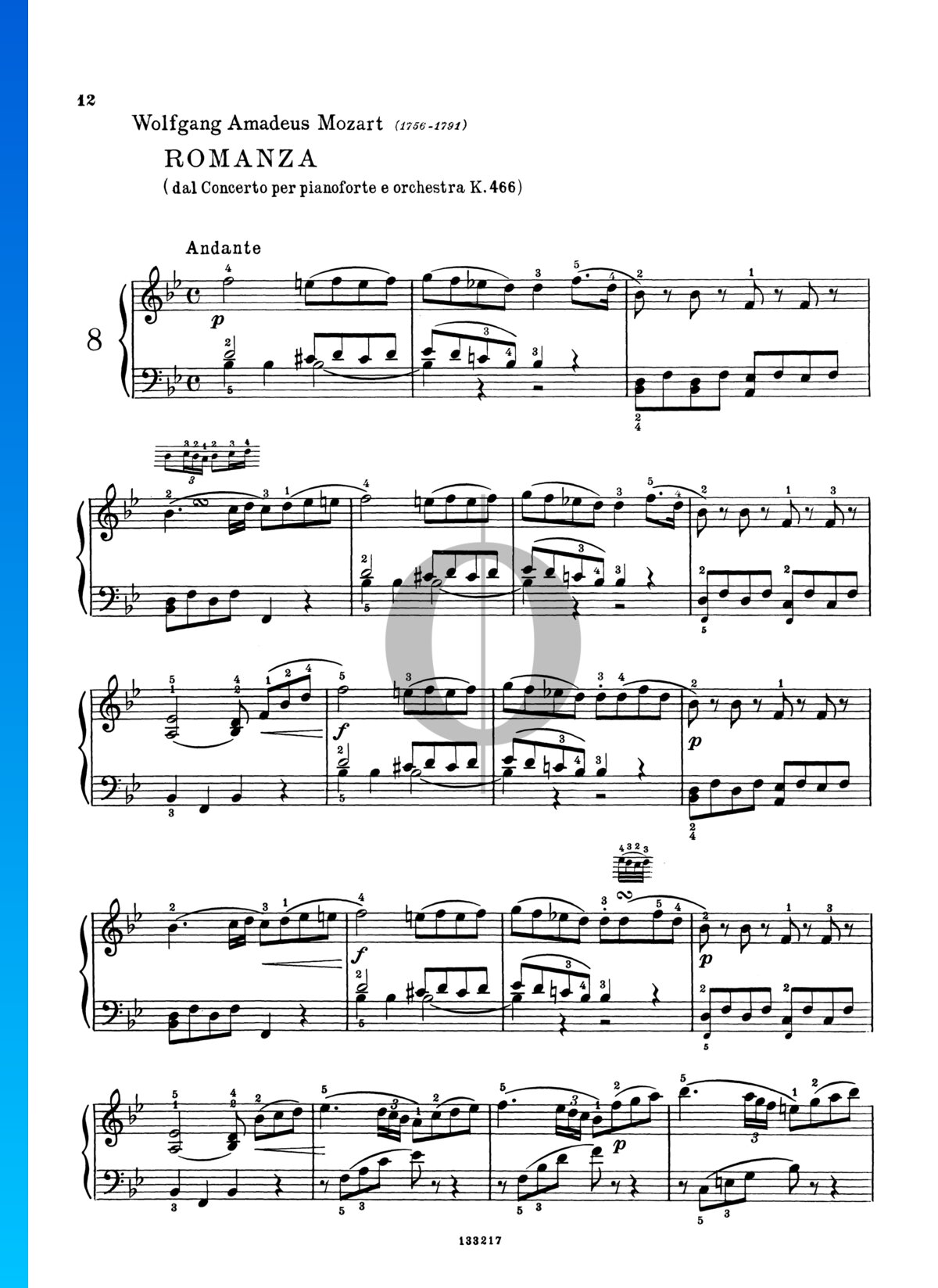 Concierto para piano n.º 20 en re menor, K. 466: 2. Romance Partitura » Wolfgang Amadeus (Piano Solo) | Descarga PDF - OKTAV