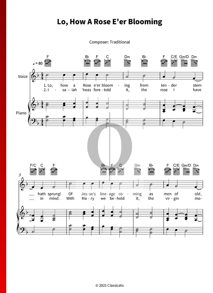 Lo, How A Rose E'er Blooming (Anonymous) Piano Sheet Music - OKTAV