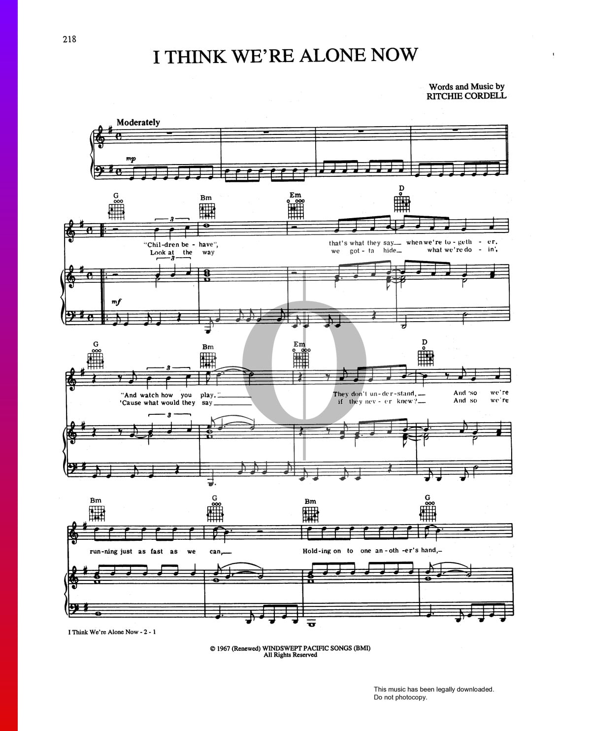 I Think We Re Alone Now Sheet Music Piano Guitar Voice Pdf Download Streaming Oktav
