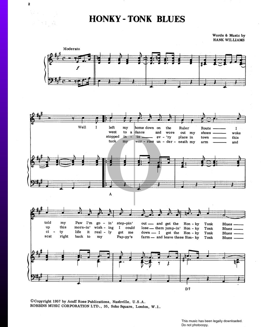 Honky Tonk Blues (Hank Williams) Piano Sheet Music - OKTAV