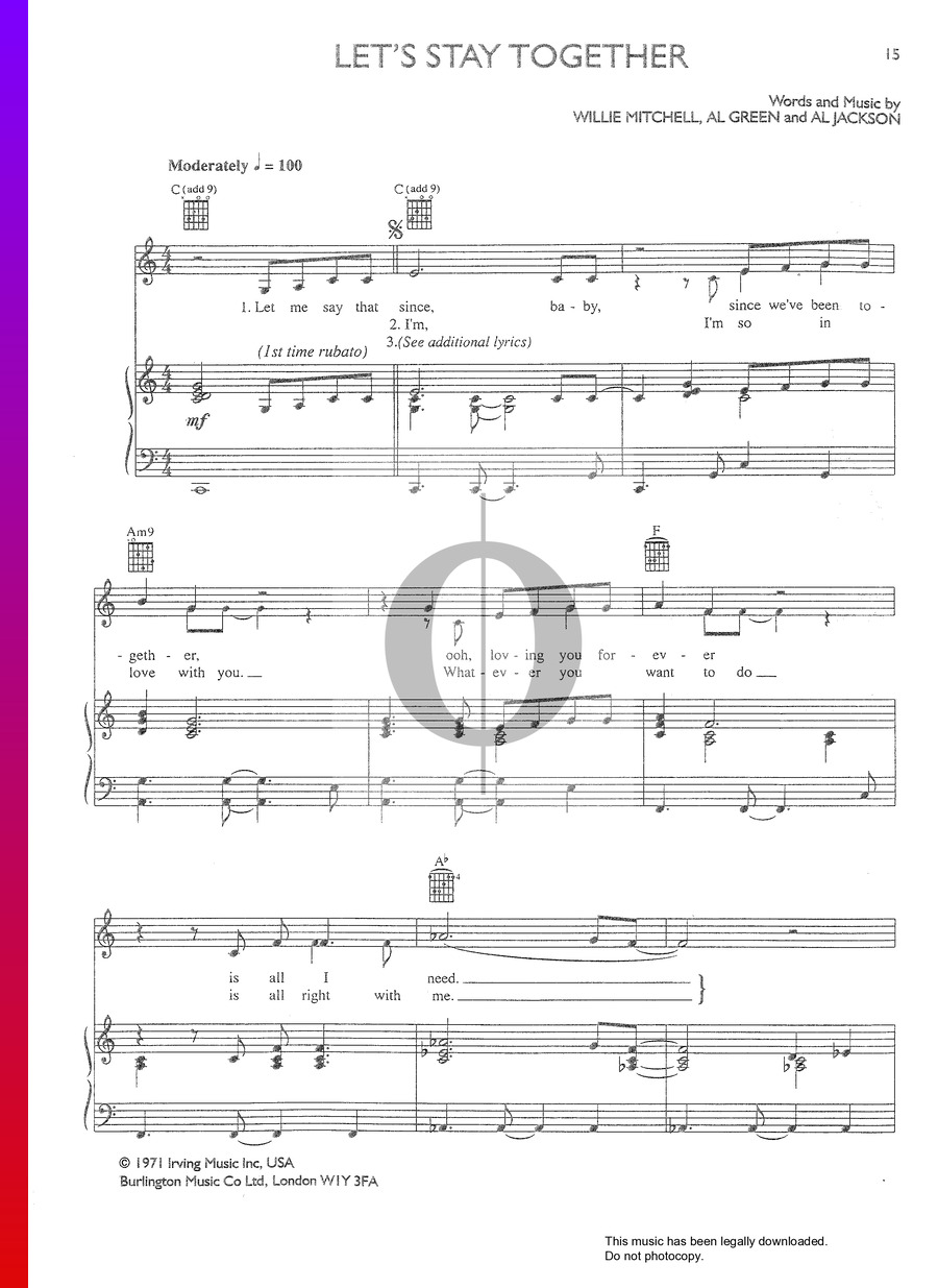 Let's Stay Together Sheet Music (Piano, Guitar, Voice) - PDF Download ...