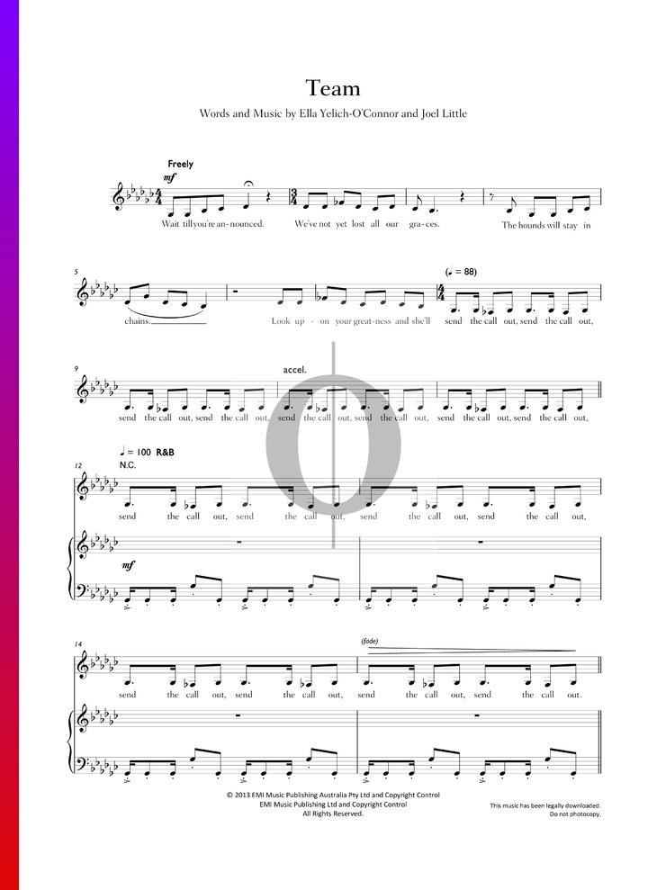 Team (Lorde) Piano Sheet Music OKTAV