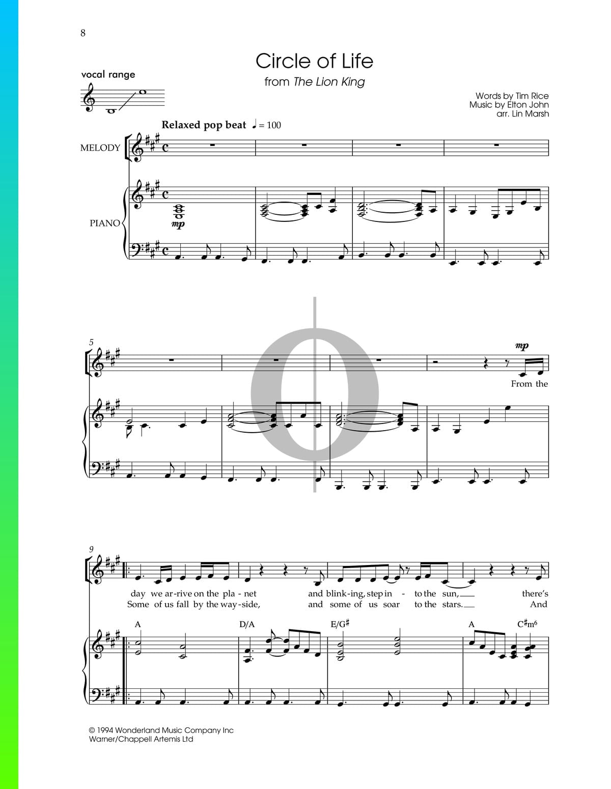 "Circle Of Life" Noten aus König der Löwen Elton John Niveau