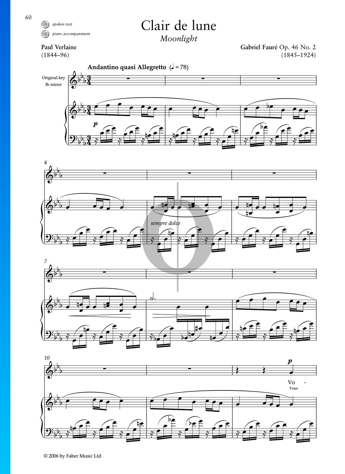 Clair De Lune Op 46 No 2 Sheet Music Piano Voice Pdf Download Streaming Oktav