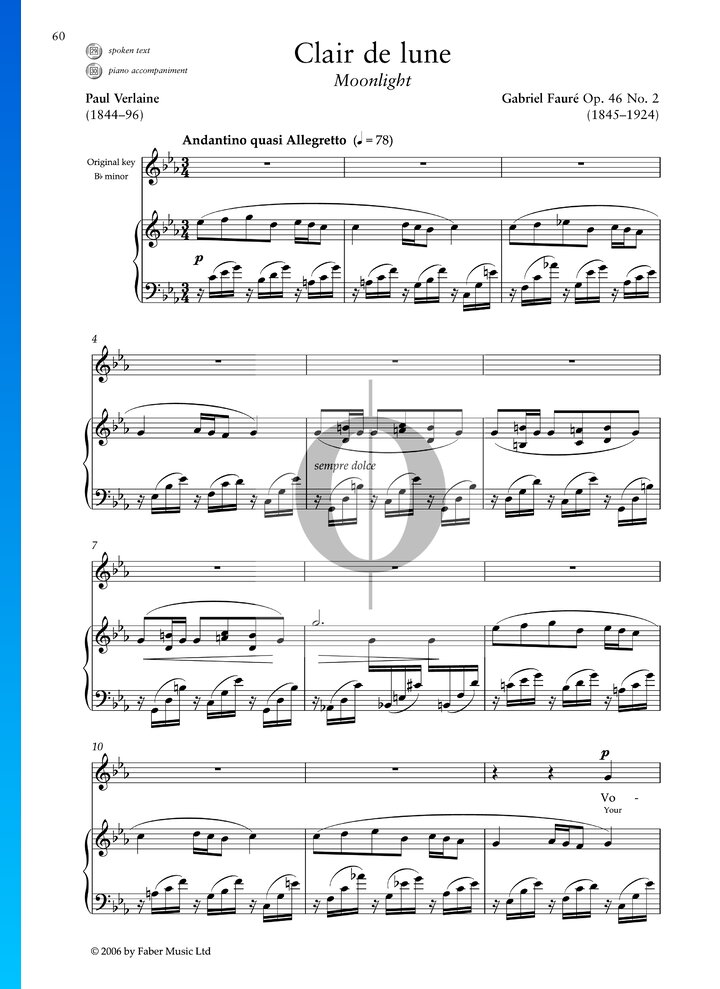 Clair de Lune, Op. 46 No. 2 Sheet Music (Piano, Voice) - OKTAV