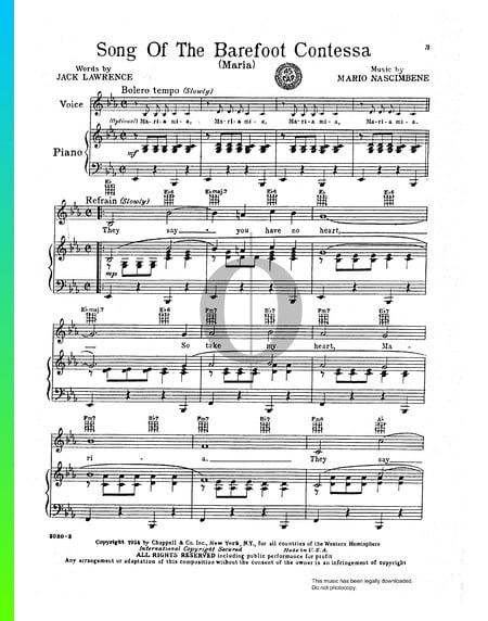 Song Of The Barefoot Contessa Sheet Music