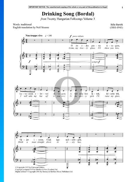 Twenty Hungarian Folksongs Vol. 3: Drinking Song (Bordal) Sheet Music