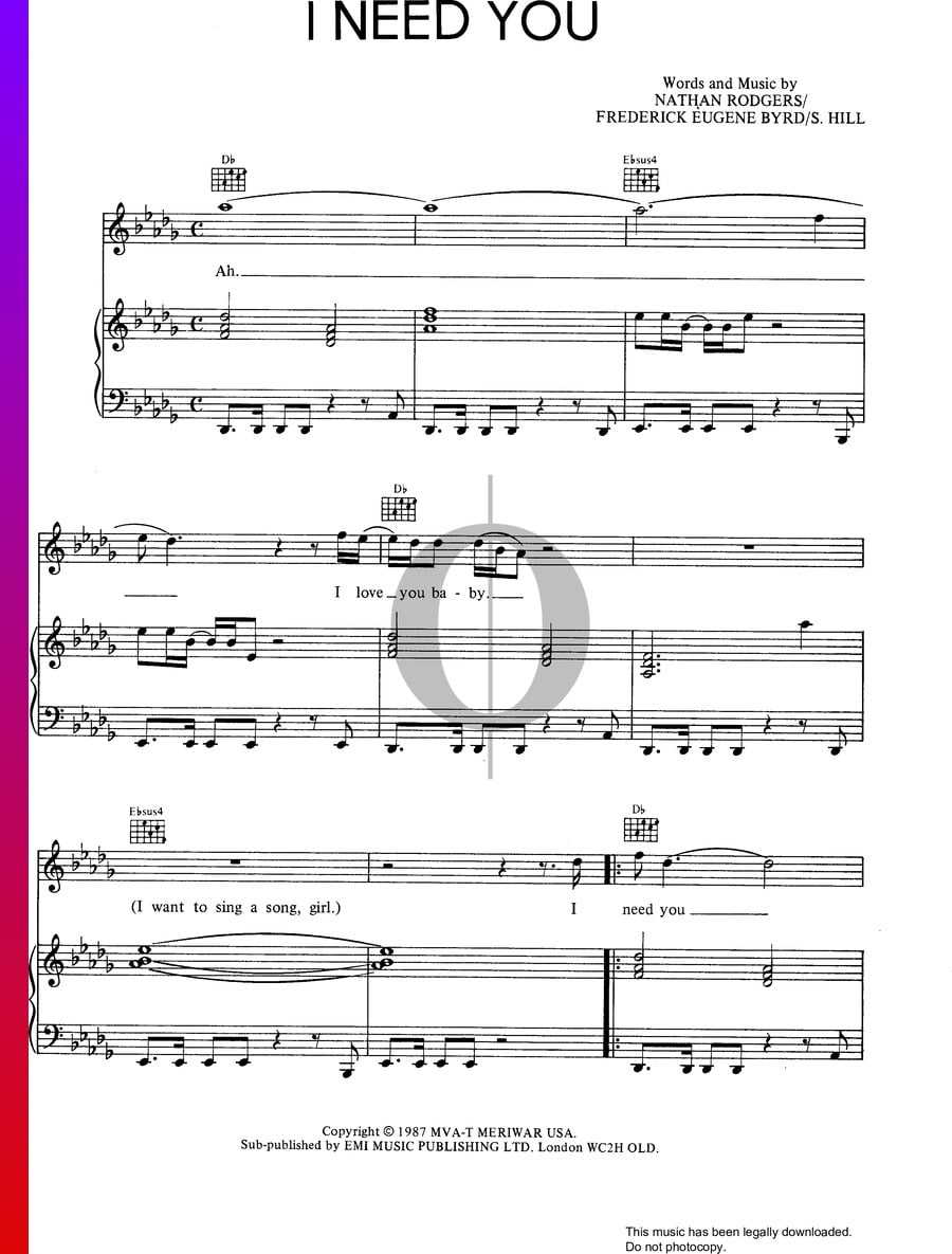 I Need You (B.V.S.M.P.) Piano Sheet Music - OKTAV