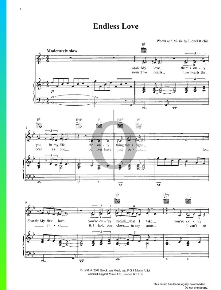 Endless Love Piano Sheet Music From Endless Love By Lionel Richie Diana Ross Oktav 0233