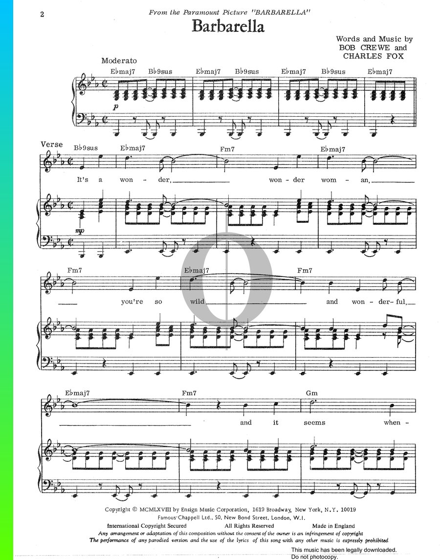 Barbarella Piano Sheet Music from Barbarella by Bob Crewe, Charles Fox ...