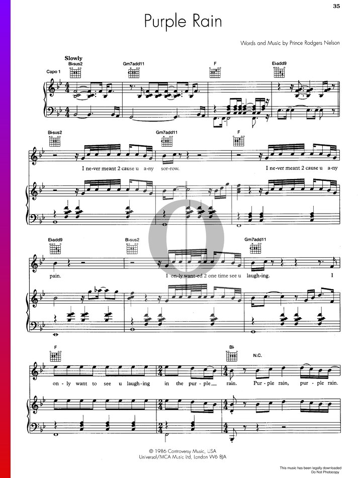 Purple Rain Prince Partitions De Piano Oktav