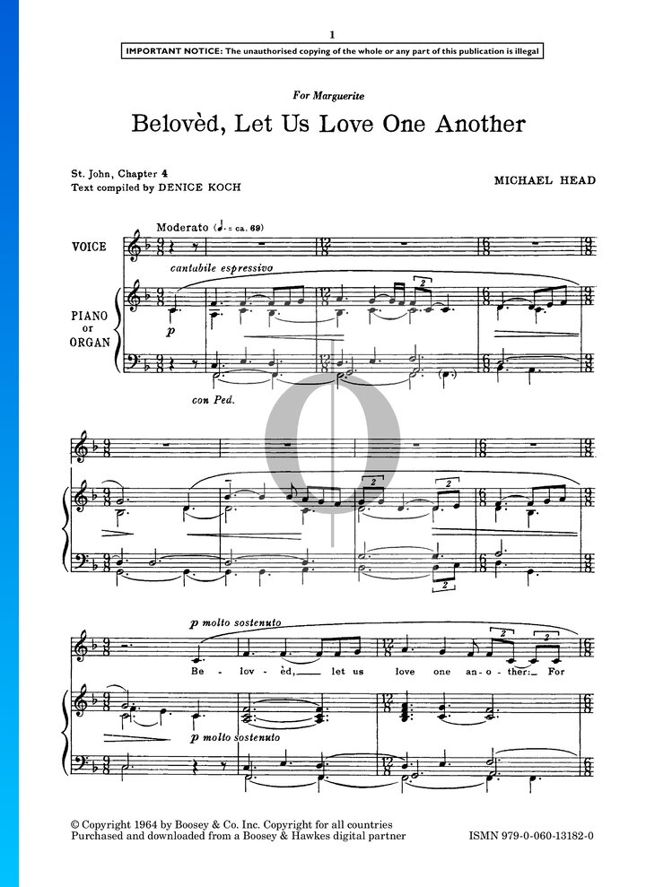 Belovèd, Let Us Love One Another (Michael Head) Piano Sheet Music - OKTAV