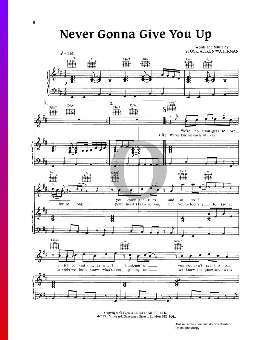 Never Gonna Give You Up Sheet Music.