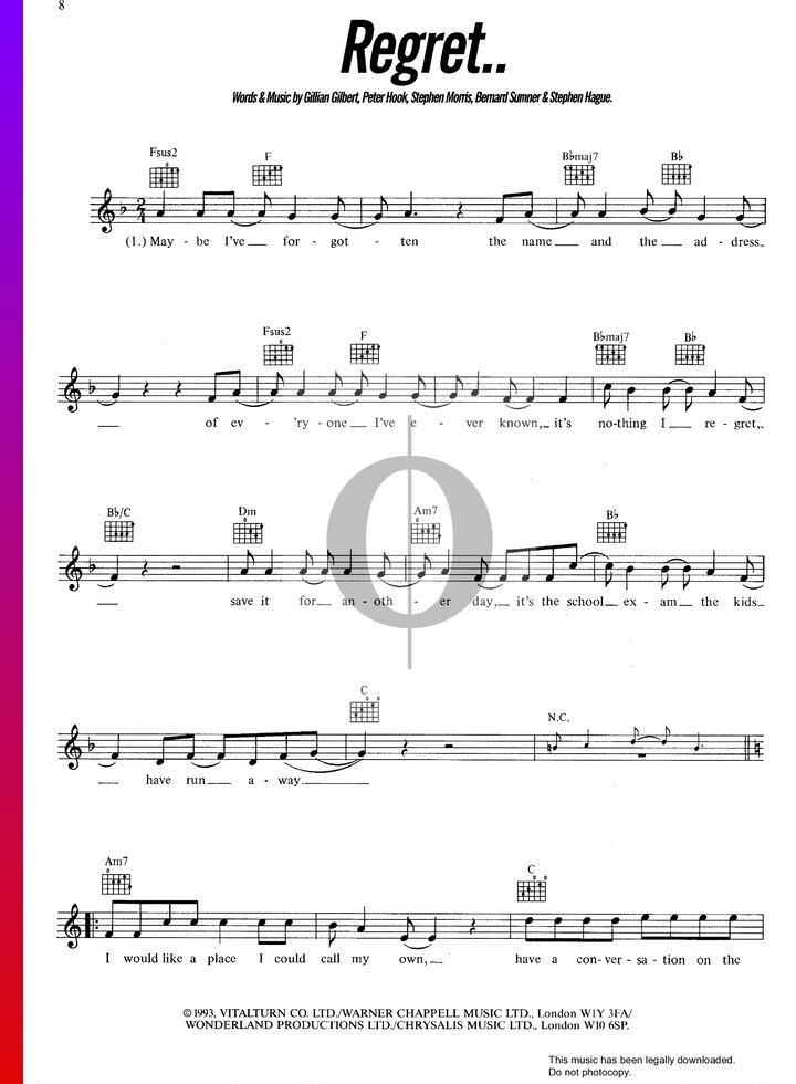 Regret (New Order) Piano Sheet Music - OKTAV