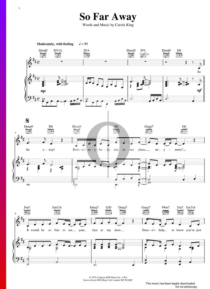 So Far Away (Carole King) Piano Sheet Music - OKTAV