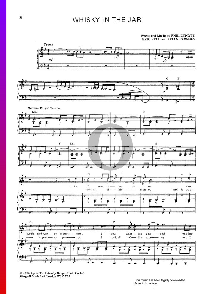 Whisky In The Jar Klaviernoten (Thin Lizzy) OKTAV