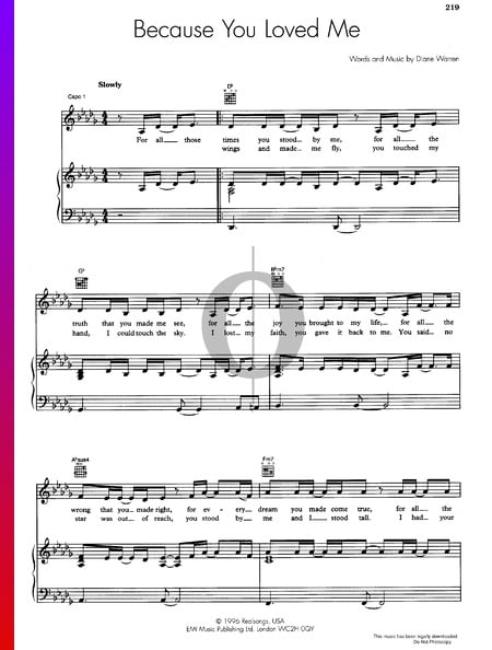 Because You Loved Me Sheet Music