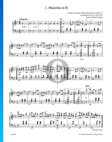 Mazurca en si bemol mayor, B. 73 Partitura